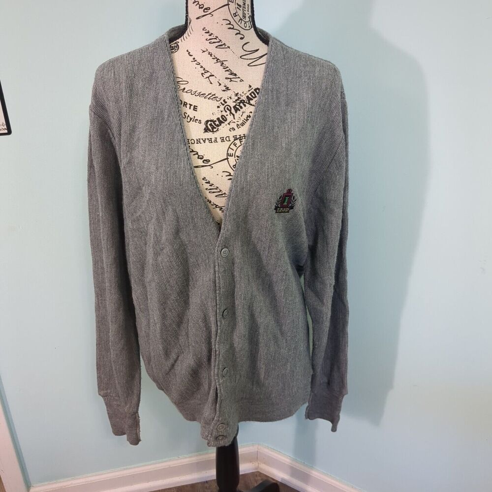 IZOD VINTAGE Cardigan Sweater Gray MADE IN USA LARGE Logo Grandpa Core